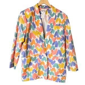 Vintage Penelope Plum Womens Heart Print Cotton Blazer Jacket Multi Color Medium